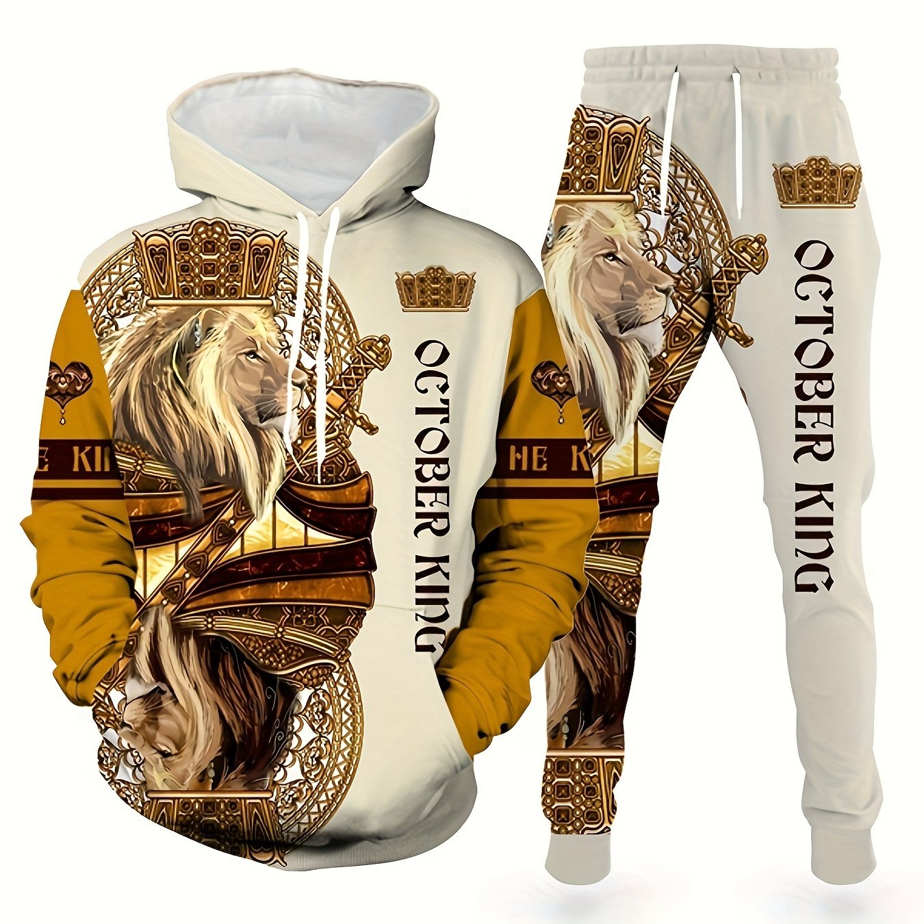 Men's Autumn Lion Pattern Knit Polyester Hooded Pajama Set