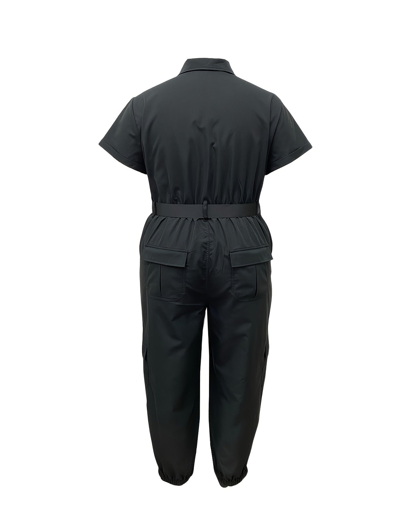 Plus Size Women's Casual Jumpsuit with Pockets Zipper Belt Non-Stretch Fabric