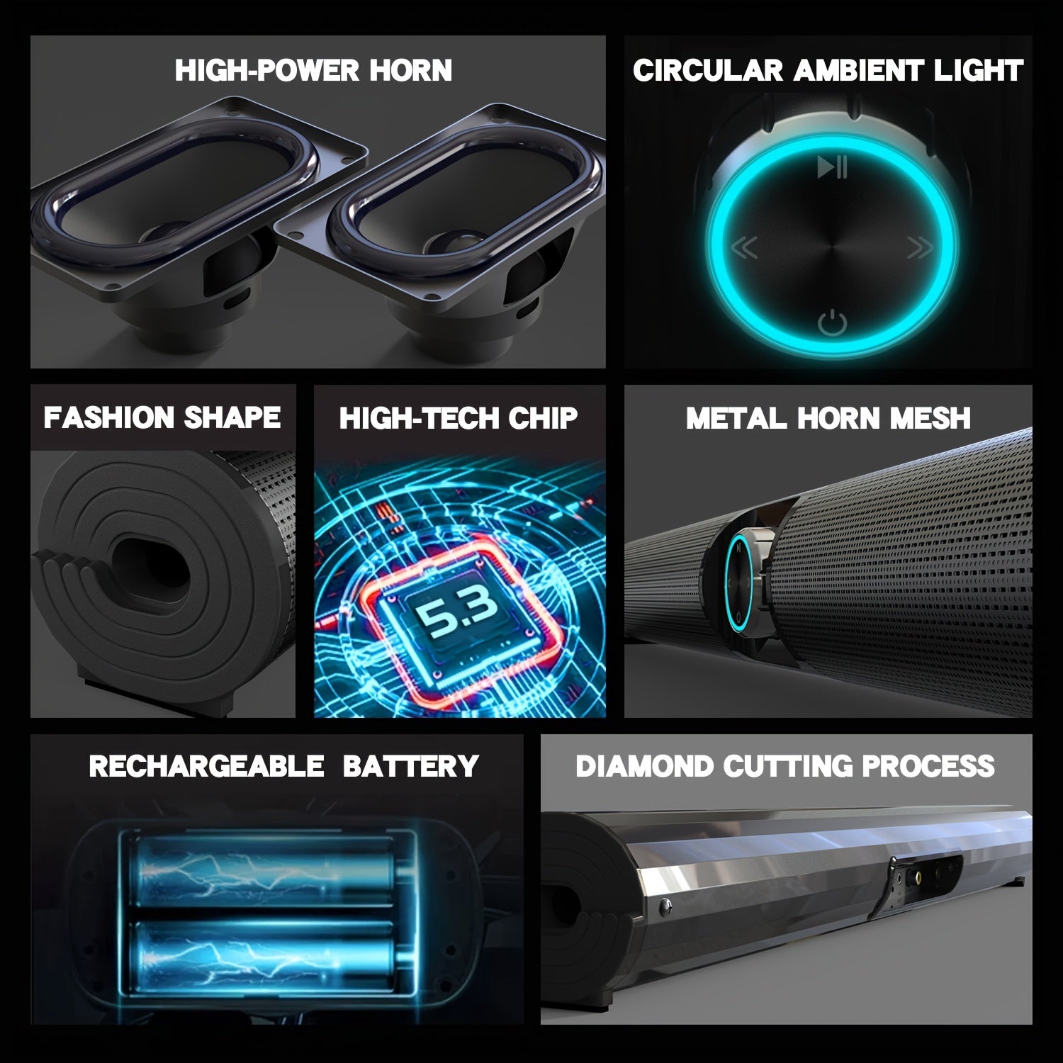 Wireless Soundbar with Powerful Bass Surround Sound USB AUX Input Tabletop Stereo System