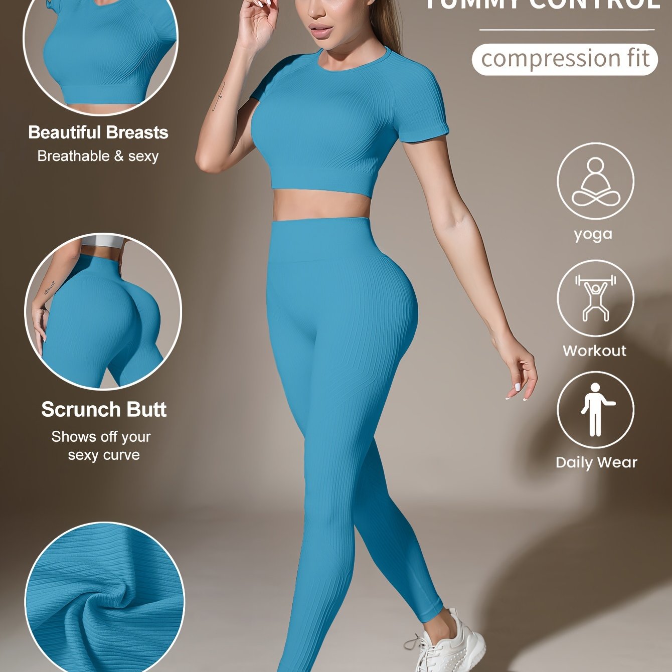 Women's Activewear Set for Workout and Running Breathable Yoga Top High Waist Leggings Solid Color