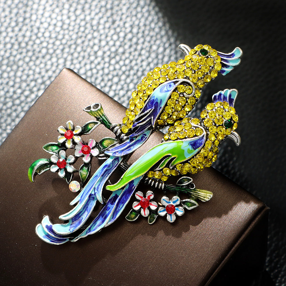 Enamel Bird Brooch with Rhinestones Vintage Animal Pin for Ladies and Women