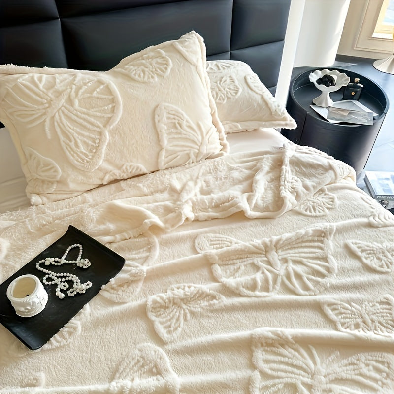 Set of 3 White Velvet Throw Blankets with Butterfly Pattern and Pillowcases