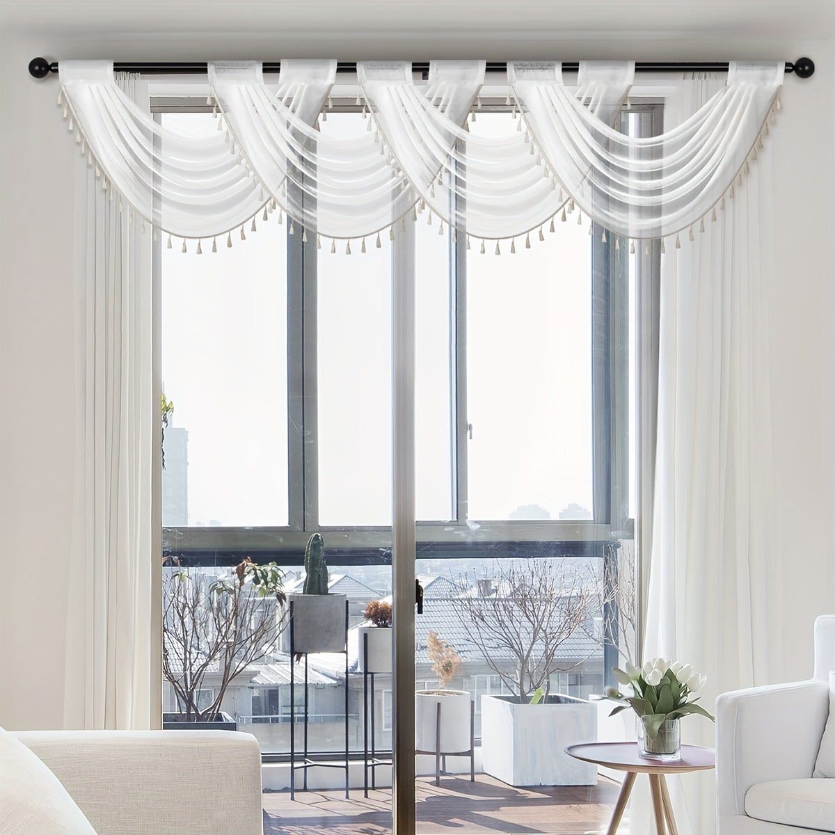 Sheer Wave Curtain Valance with Tassels Edge 30x24 Inches Light-Transmitting Rod Pocket Decor