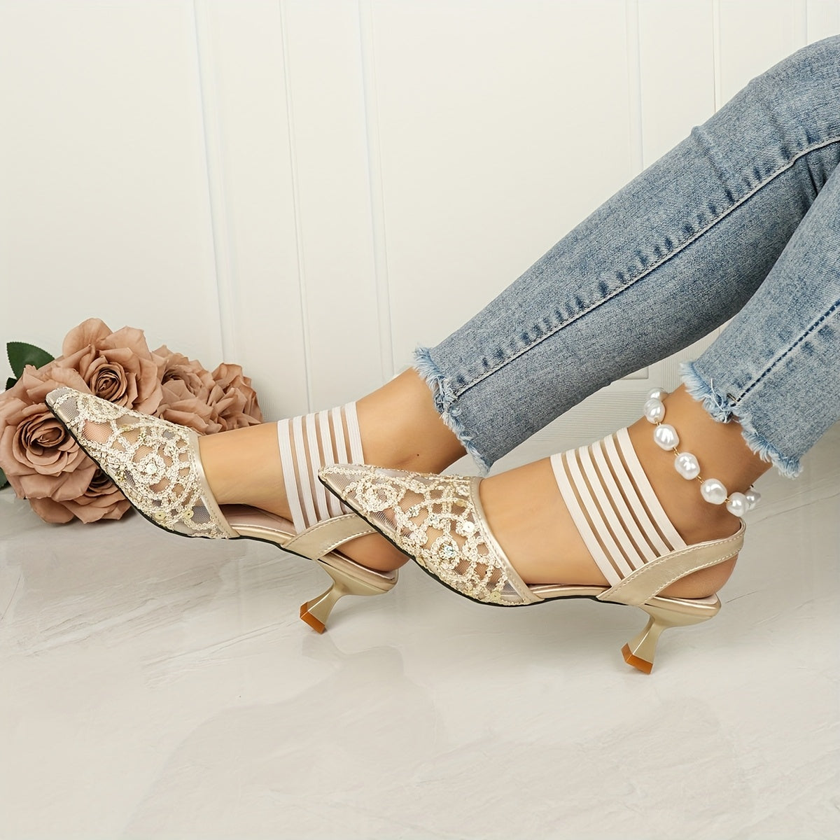 Women Lace-Up Pointed Toe High Heels with Sequin Embellishments