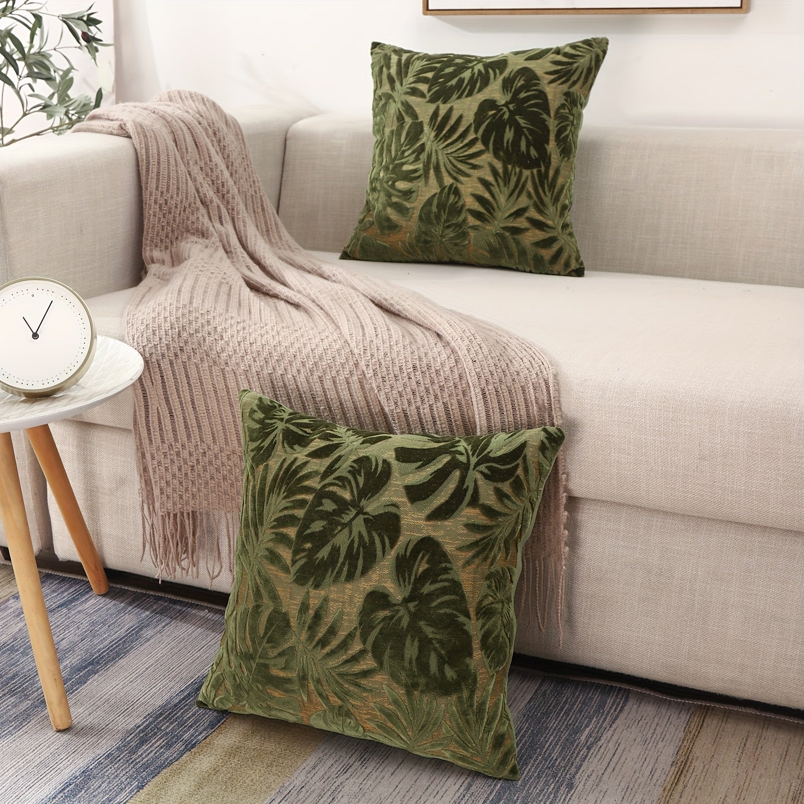 Set of Two Tropical Plant Polyester Chenille Jacquard Throw Pillow Covers for Living Room Decor