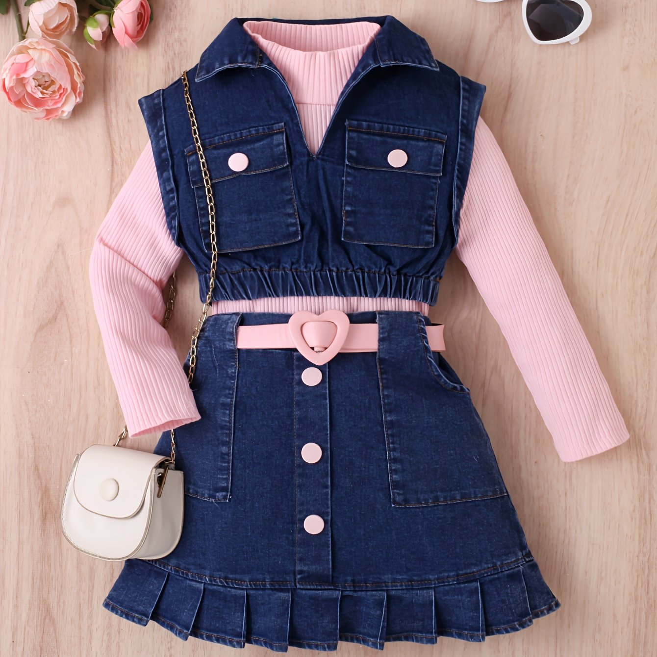 Girls' Casual Outfit Set with High Neck Long Sleeve Top Denim Vest and Pleated Knee-Length Skirt