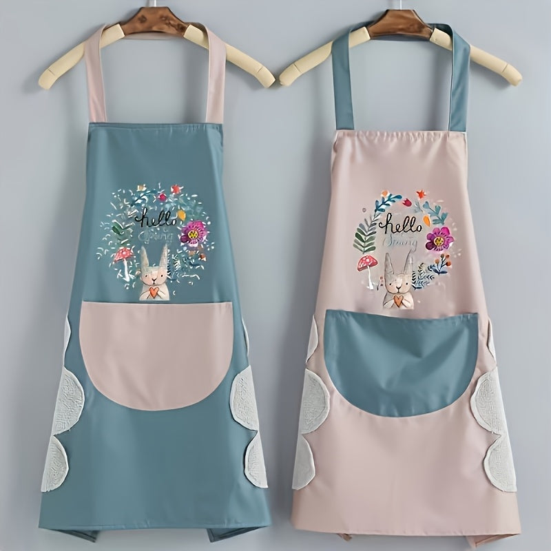 Rabbit and Floral Print Waterproof Kitchen Apron Oil-Resistant Durable PVC