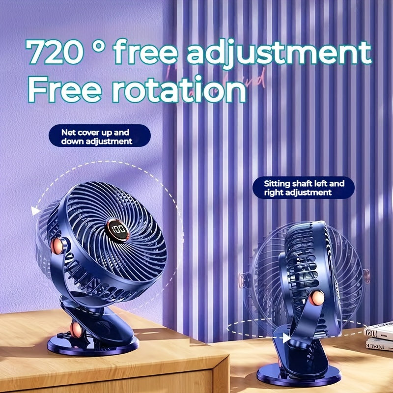 Black Portable Clip-On Fan with 360° Rotation, 5 Speeds, Battery Operated