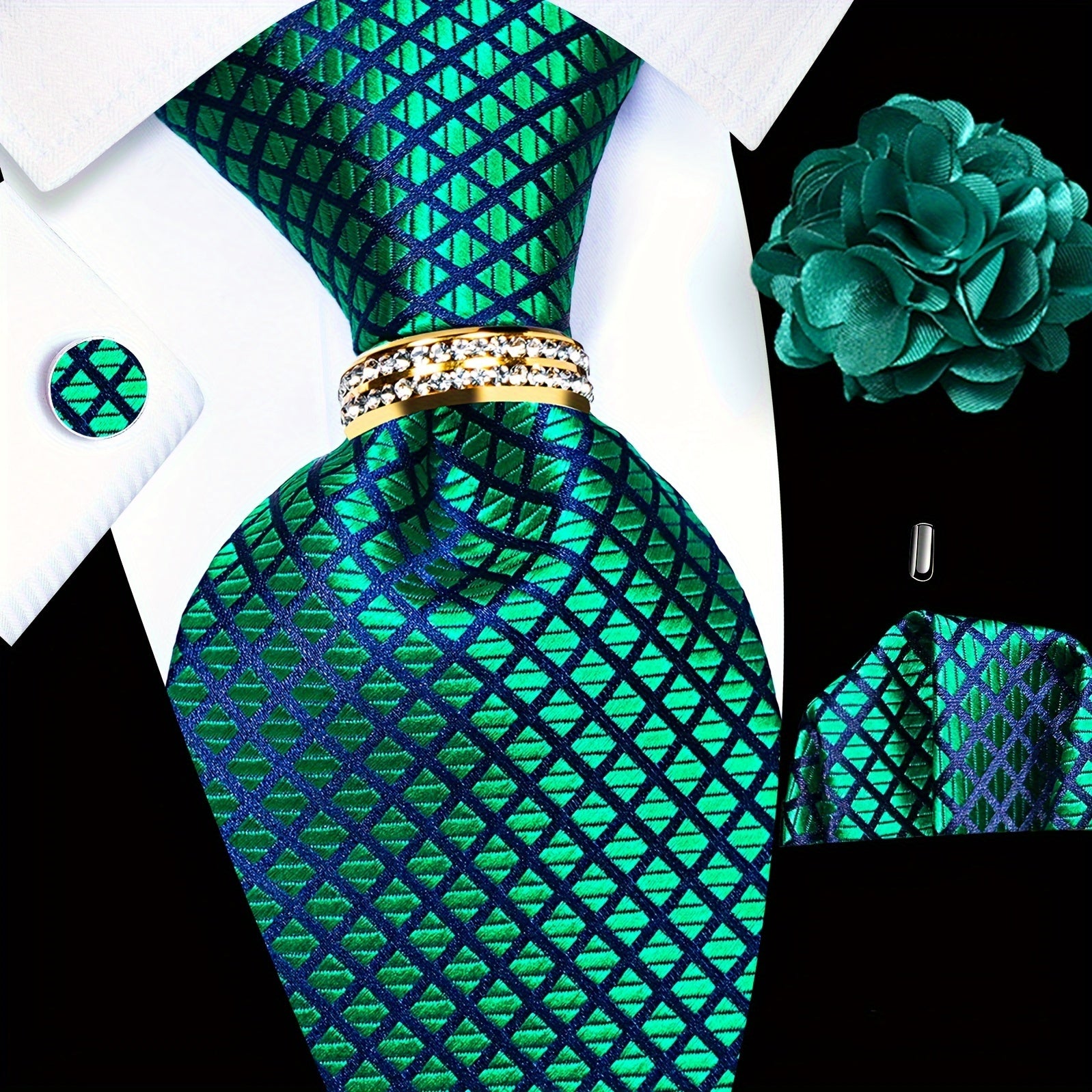 Men's Accessories Set Tie Pocket Square Cufflinks Lapel Pin Tie Ring for Wedding Groom