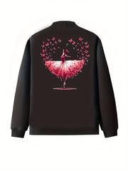 Women's Plus Size Casual Bomber Jacket with Floral and Pink Design Black All-Season