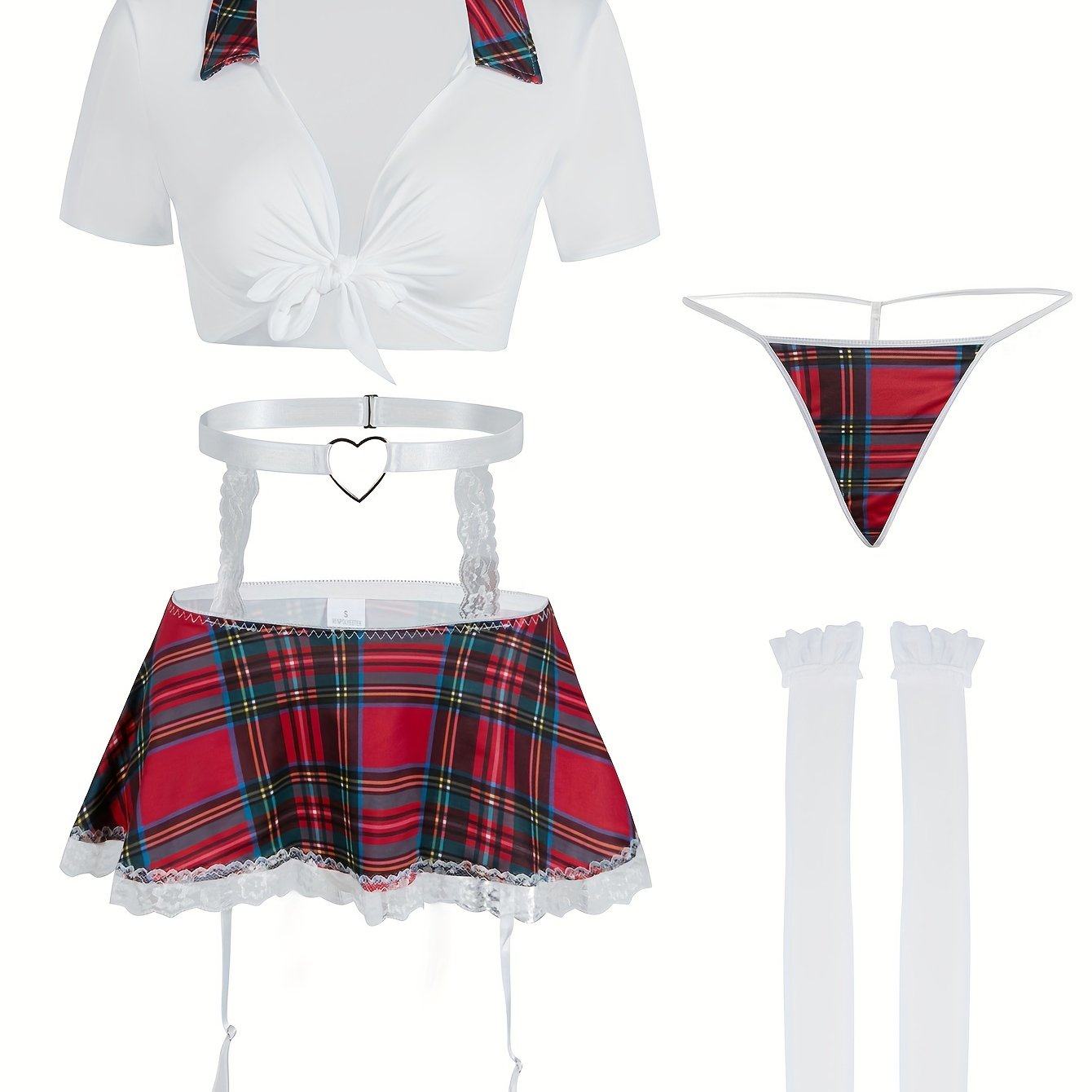 Sexy Preppy Cosplay Costume Set Includes Crop Top Skirt Garter Belt and Stockings