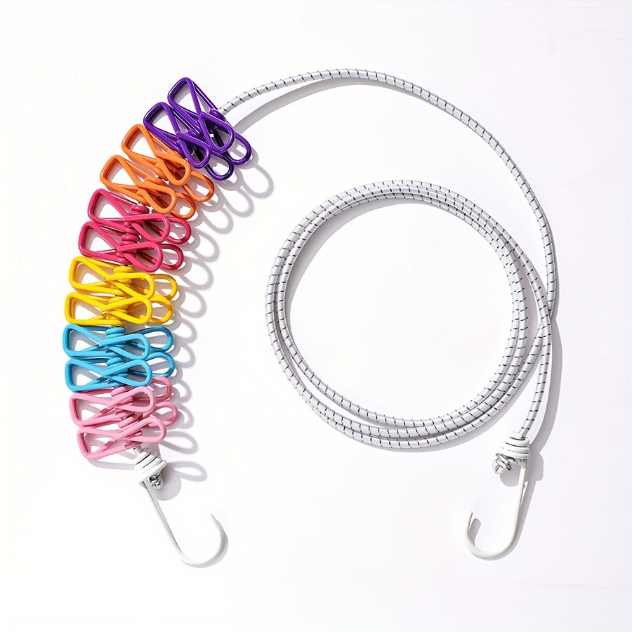 Conjunto de cuerda para tender con pinzas, cuerda elástica, alambre de metal, clips de PVC, para exteriores, línea de secado para viajes