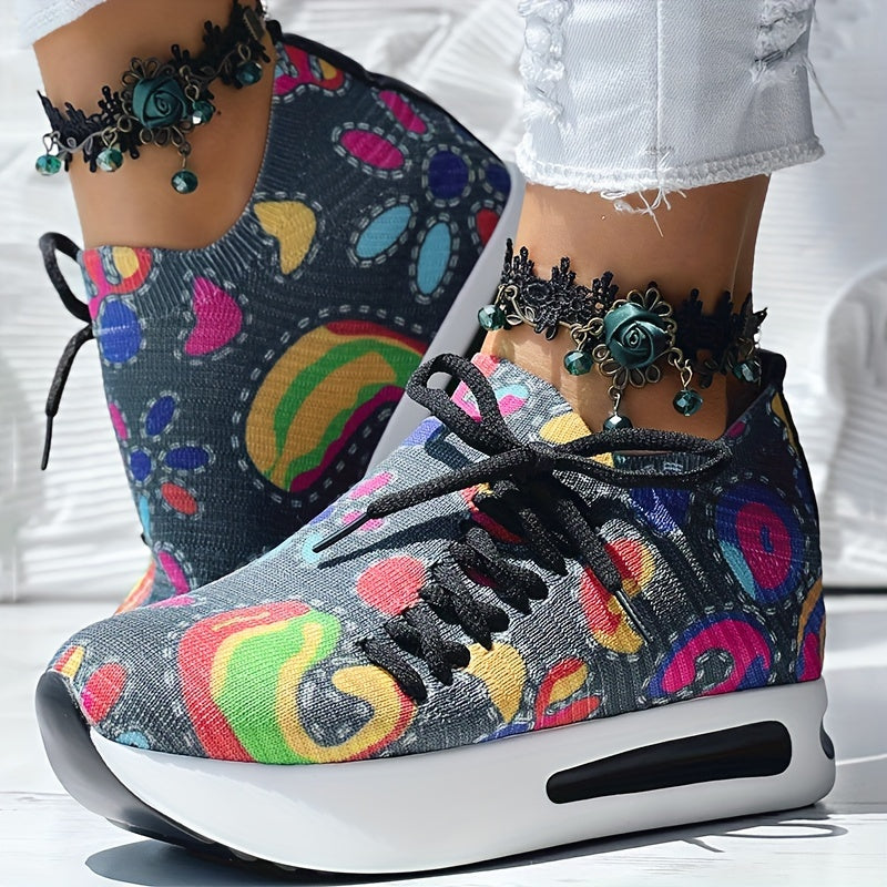 Women's Casual Lace-Up Printed Low Top Sneakers Fabric Upper All-Season