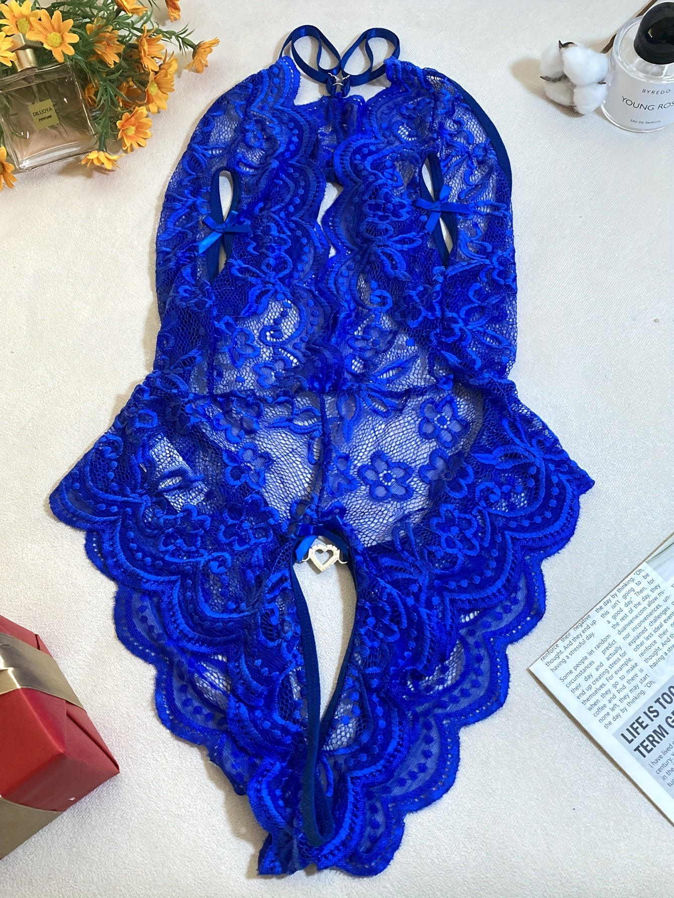 Plus Size Lace Bodysuit with Open Crotch and Rhinestone Heart for Valentine's