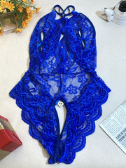 Plus Size Lace Bodysuit with Open Crotch and Rhinestone Heart for Valentine's