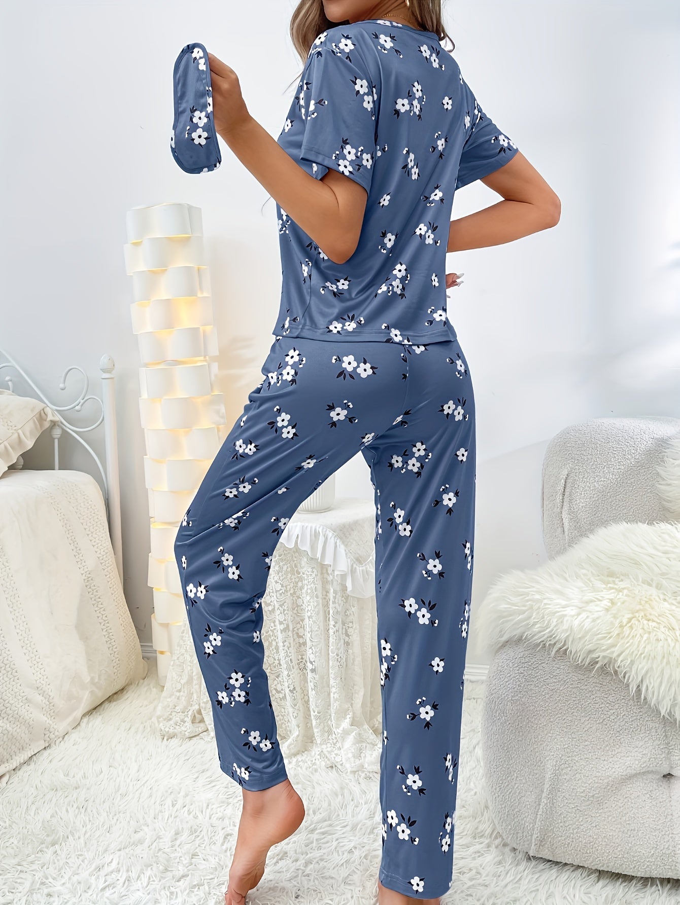 Women's Floral Lounge Set with Long Sleeve Top and Pants Polyester Sleepwear