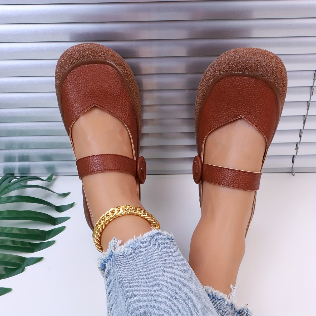 Women's Soft-Soled Casual Shoes Breathable PU Brown Flats