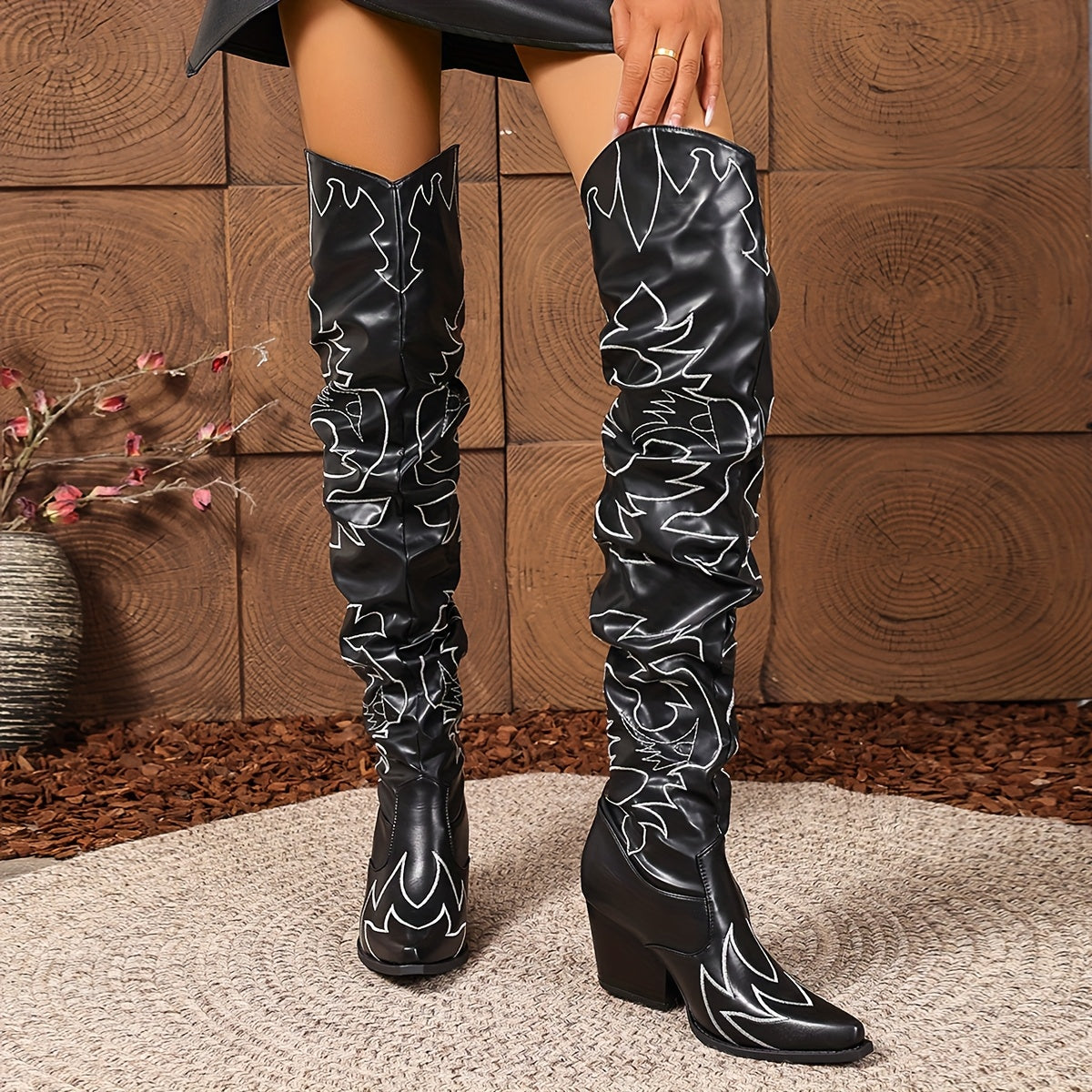 Women's Over-the-Knee Embroidered Faux Leather Boots with Chunky Heel