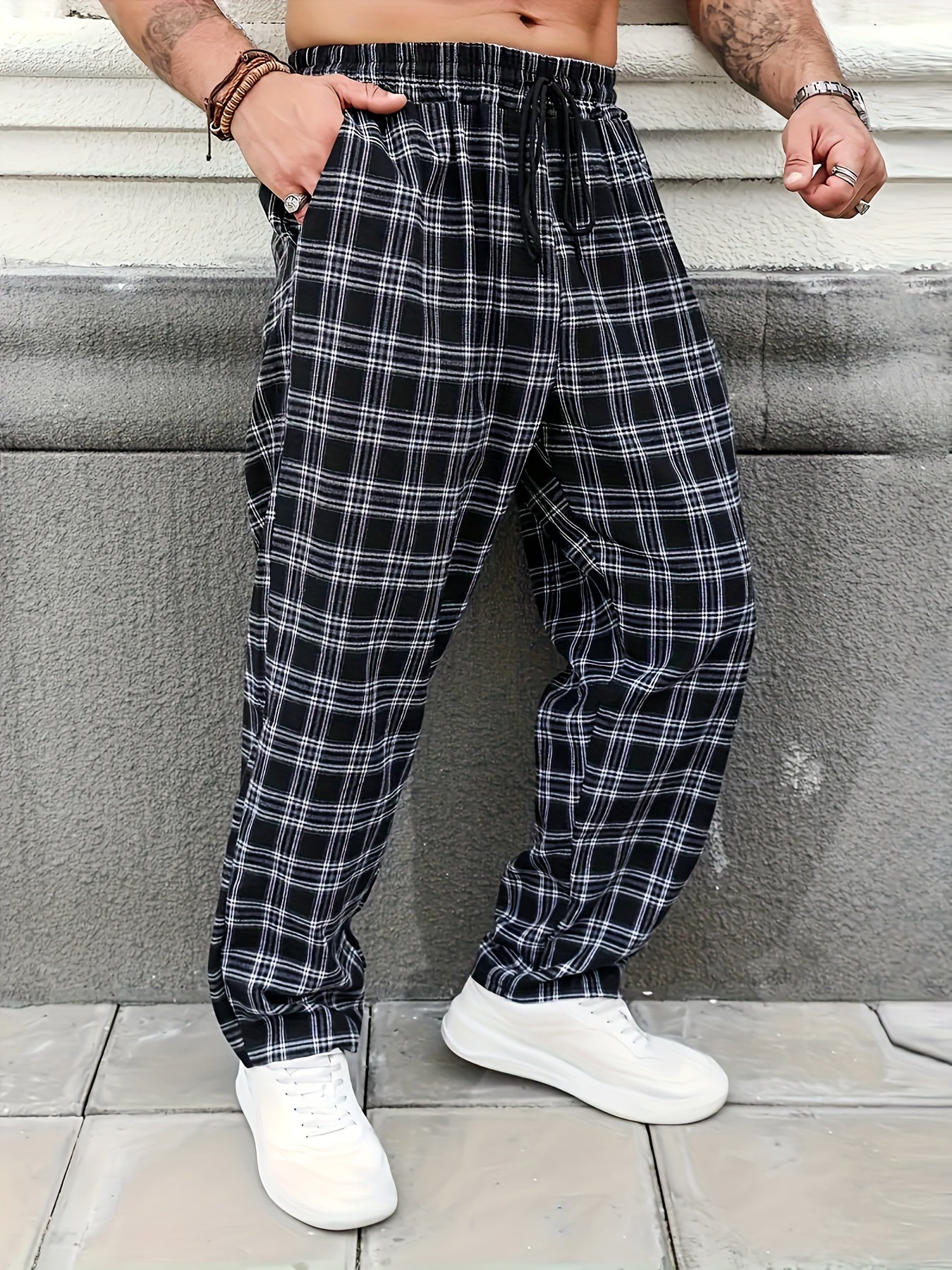 Men's Black and White Plaid Casual Pants Polyester Non-Stretch Drawstring Plus Size
