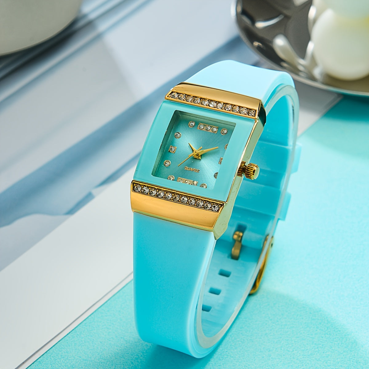Women's Square Fashion Silicone Watch with Rhinestones and Elegant Design