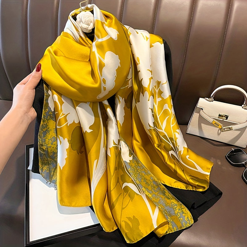 Yellow Plant Print Satin Scarf for Spring and Autumn Sunshade Beach Towel