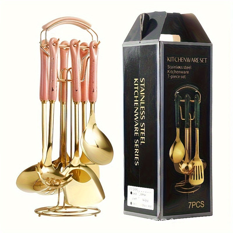 7-Piece Stainless Steel Kitchen Utensil Set with Ceramic Handles Non-Stick Safe