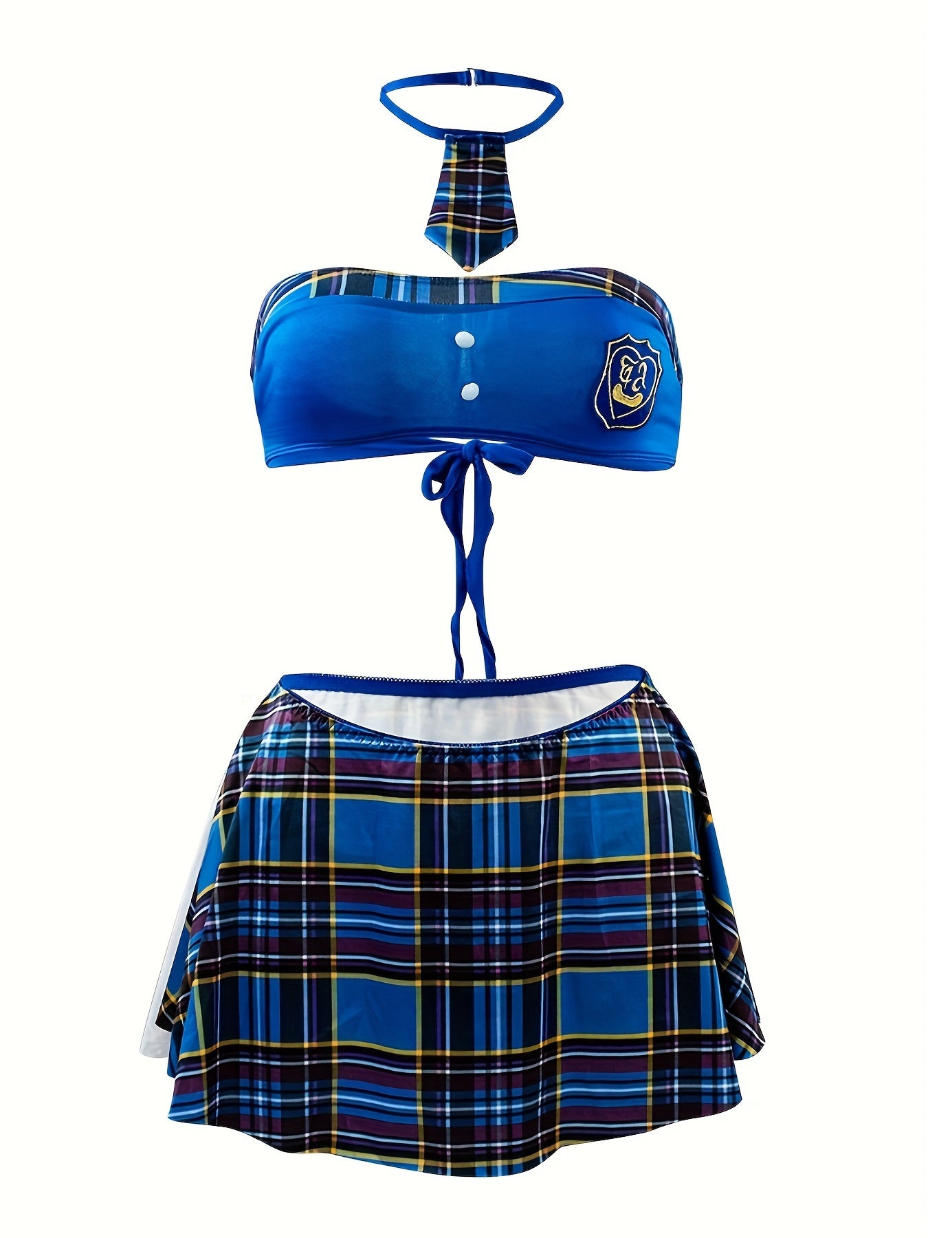 Women's Autumn Winter Role Play Lingerie Set with Plaid Skirt and Neck Tie