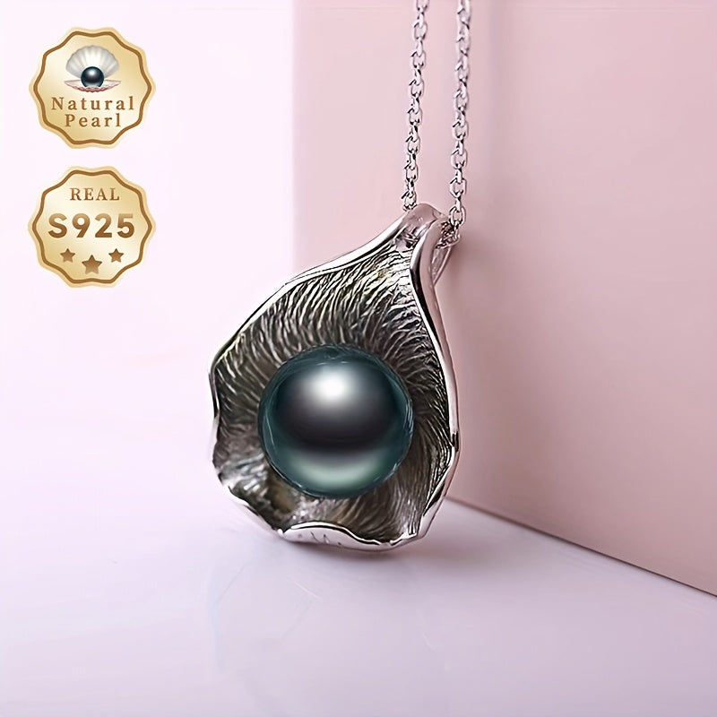 Vintage Tahitian Black Pearl Pendant Necklace Sterling Silver Leaf Design for June Birthdays