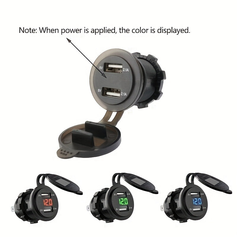 Dual USB Car Charger with Voltmeter for Boats and Motorcycles Black