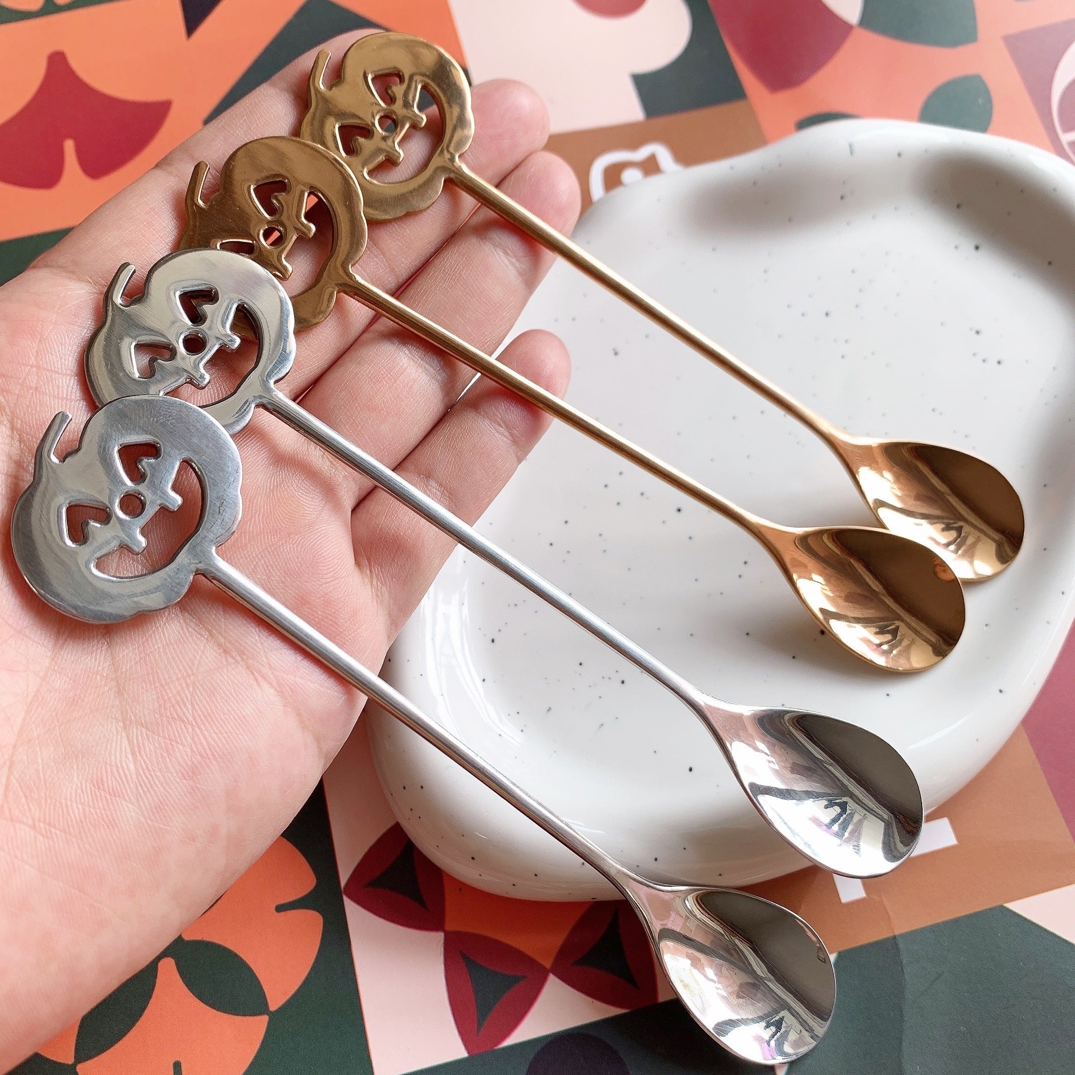 Set de cucharas de café y té en acero inoxidable para Halloween, diseño de calabaza, para vajilla de fiesta