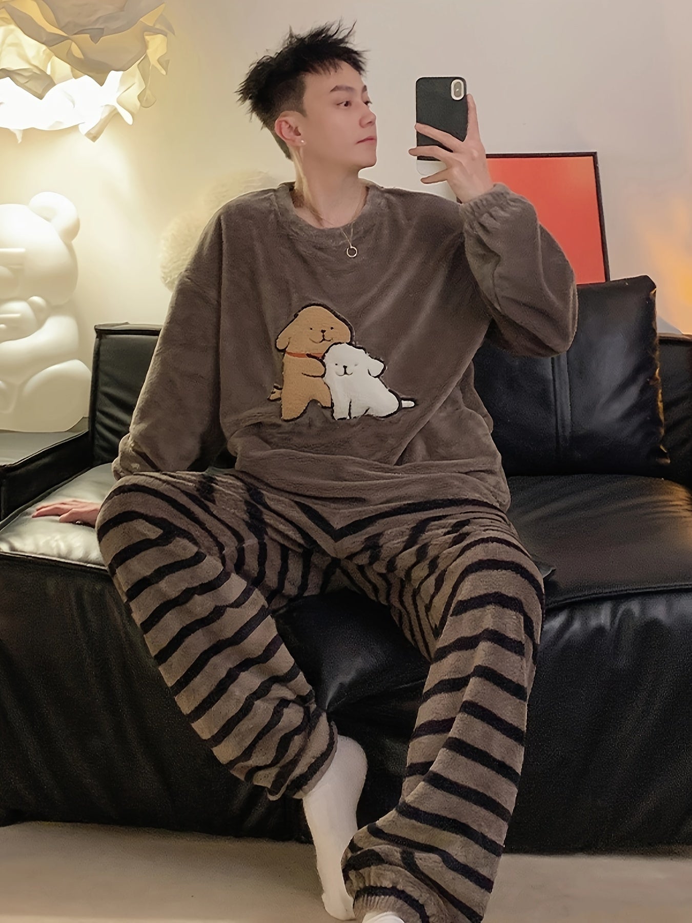 Men's Fleece Pajama Set with Cartoon Pattern for Fall Winter Home Wear