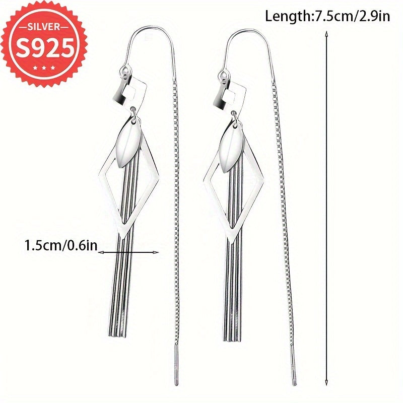 Sterling Silver Tassel Earrings Geometric Hollow Design Hypoallergenic Long Leaf Fringe