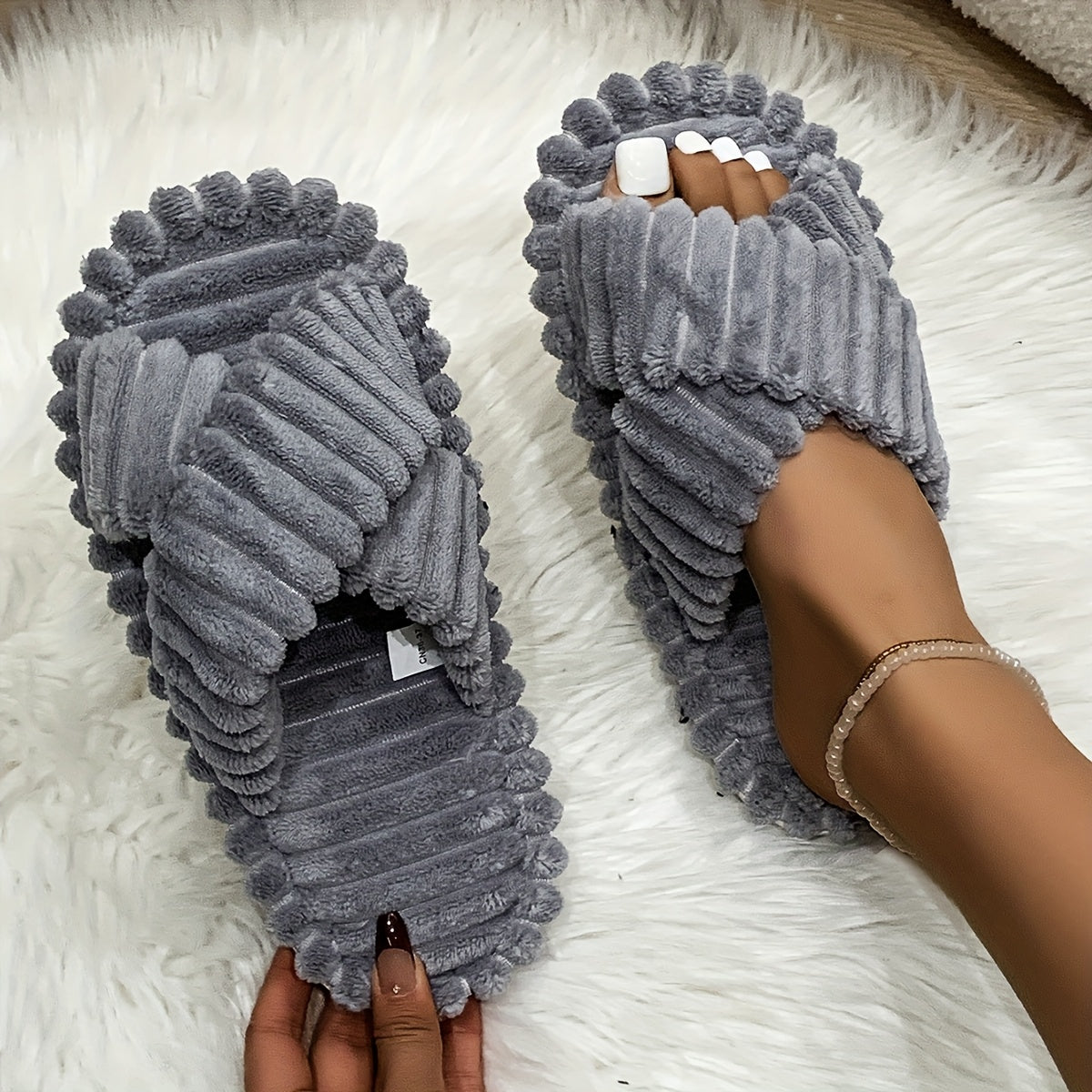 Женские тапочки на перекрестных ремешках с мягкой плюшевой подкладкой для дома и улицы, повседневные бежевые, черные, белые, серые, зеленые