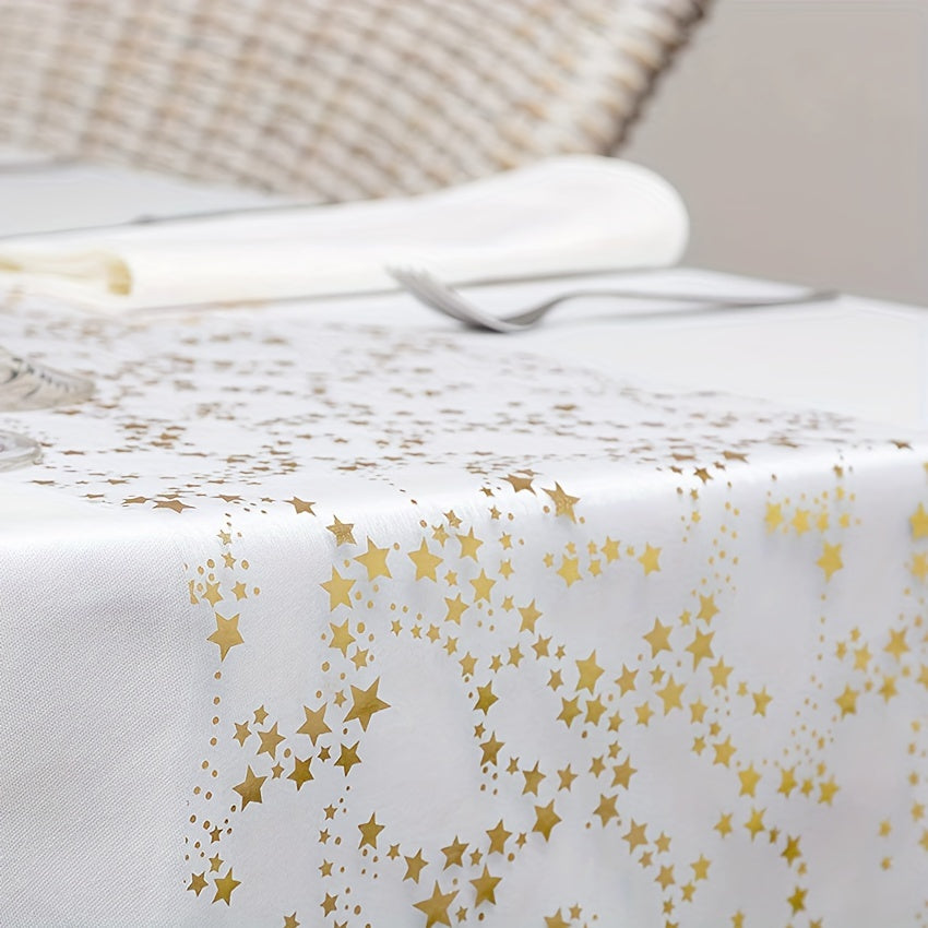 Linen Table Runner with Gold Metal Organza Stars for Christmas and Weddings