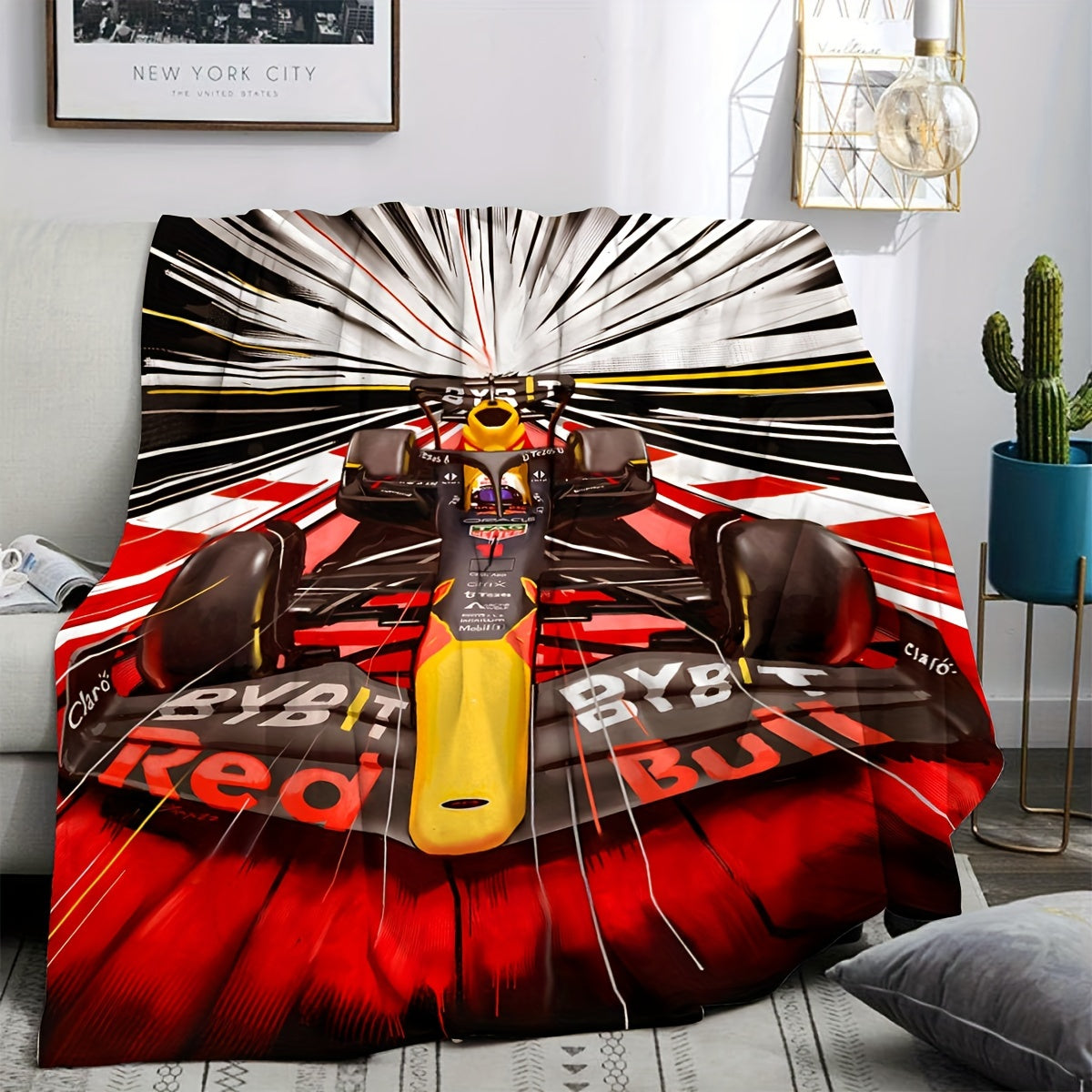 All-Season Flannel Sofa and Nap Blanket Red Black Yellow Digital F1 Racing Car Design
