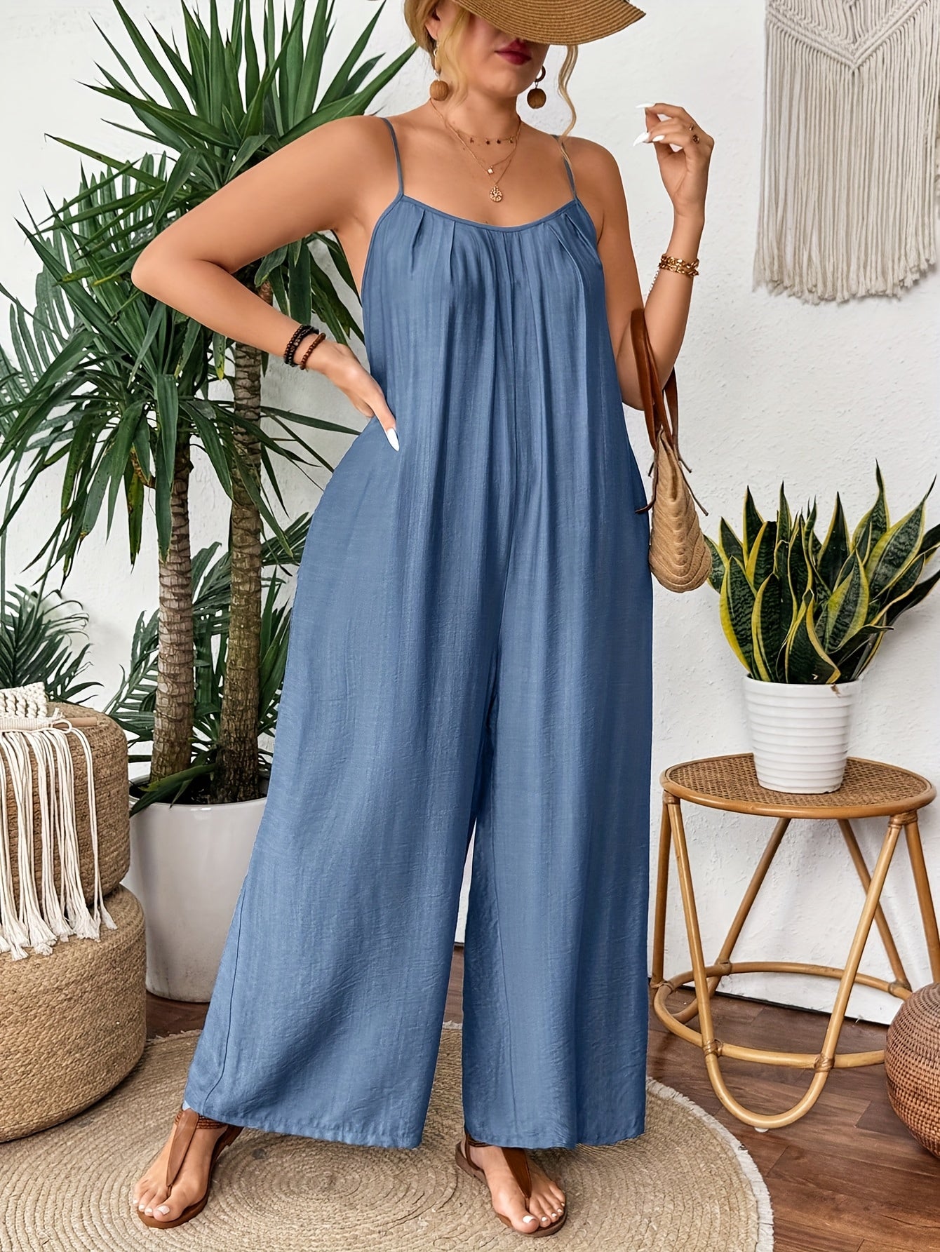 Plus Size Women's Light Blue Wide Leg Jumpsuit with Pockets