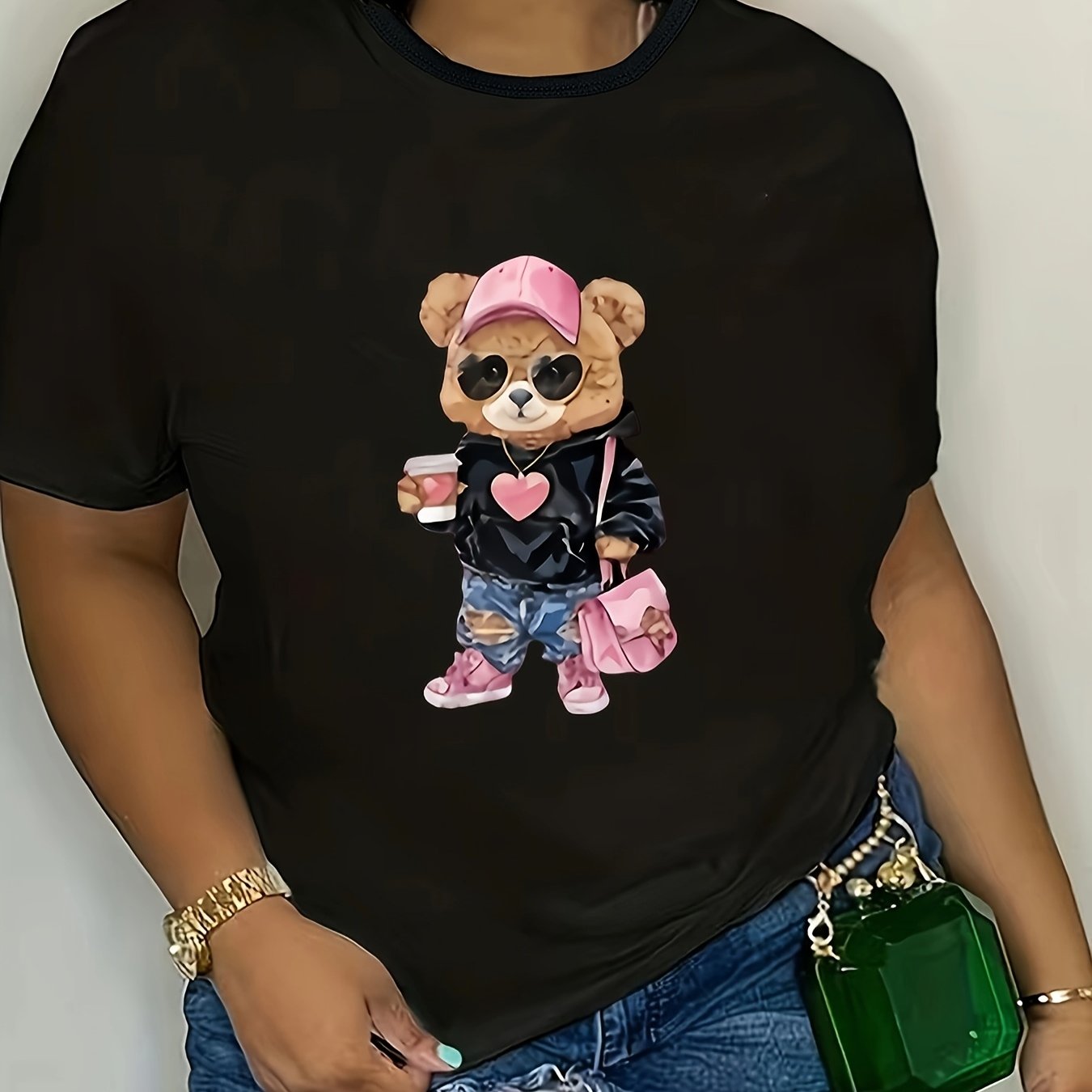 Women’s Plus Size Black Casual T-Shirt with Cartoon Bear Print