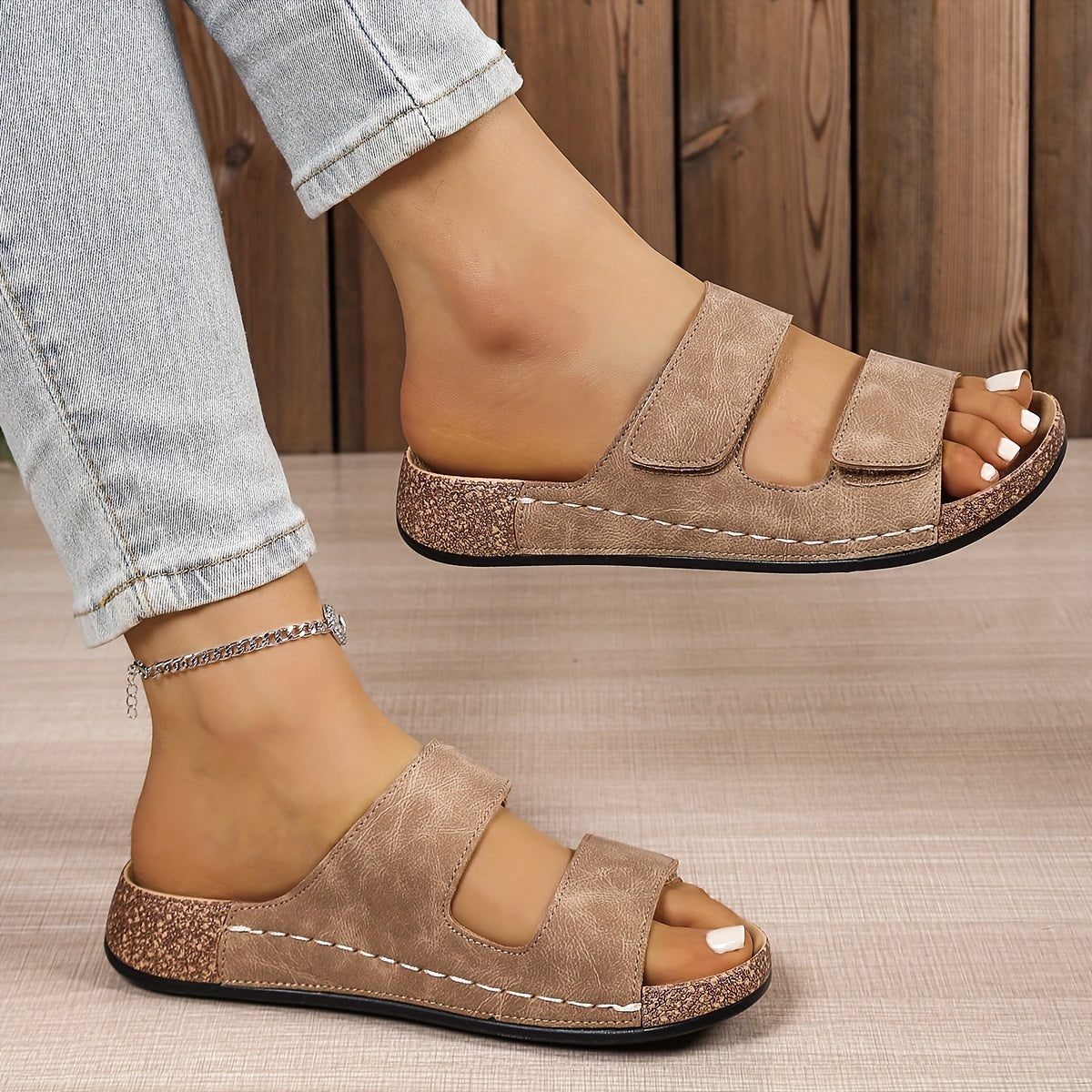 Women's Comfort Slide Sandals Cork Footbed Open Toe Navy Blue Beige