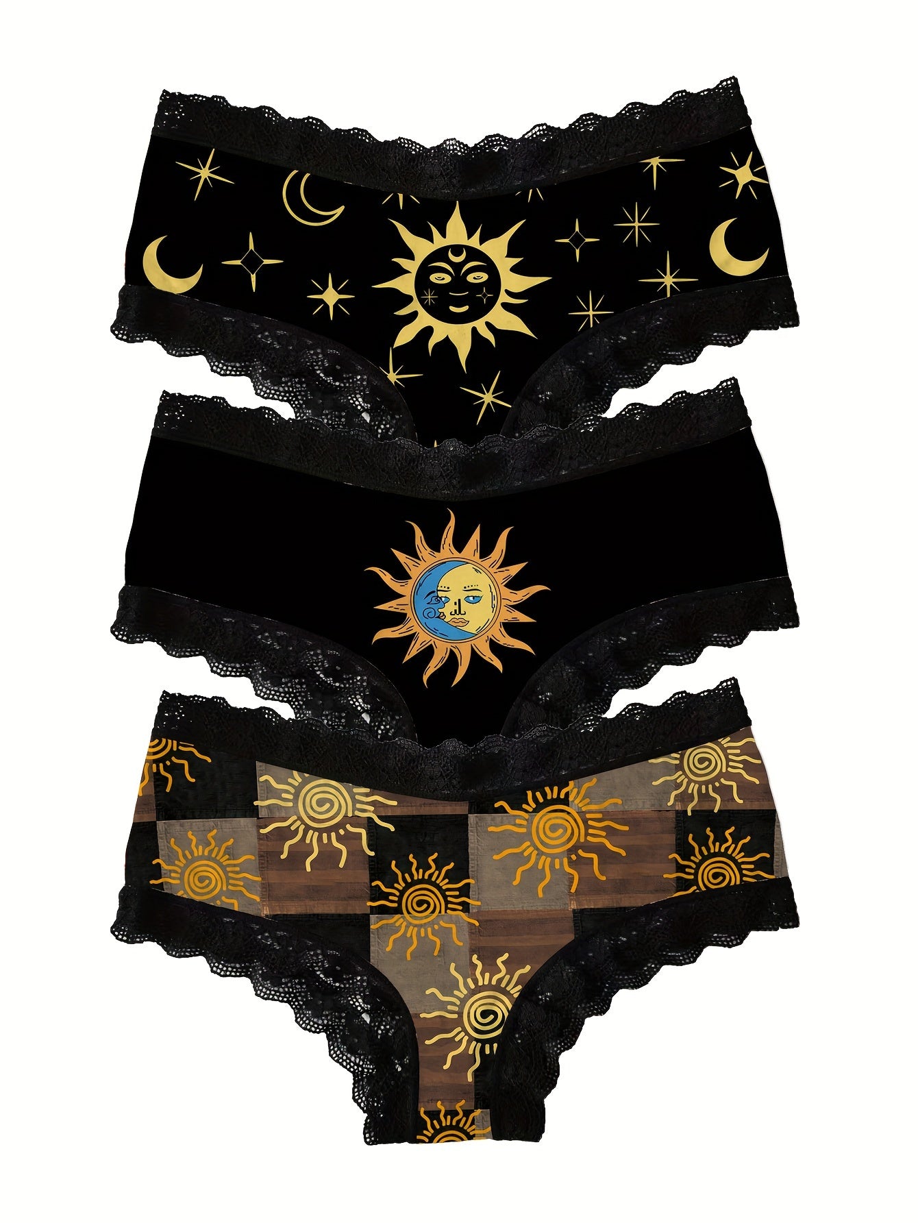 3 Pack Women's Breathable Lace Trim Briefs Comfortable Stretchy Underwear Galaxy Pattern