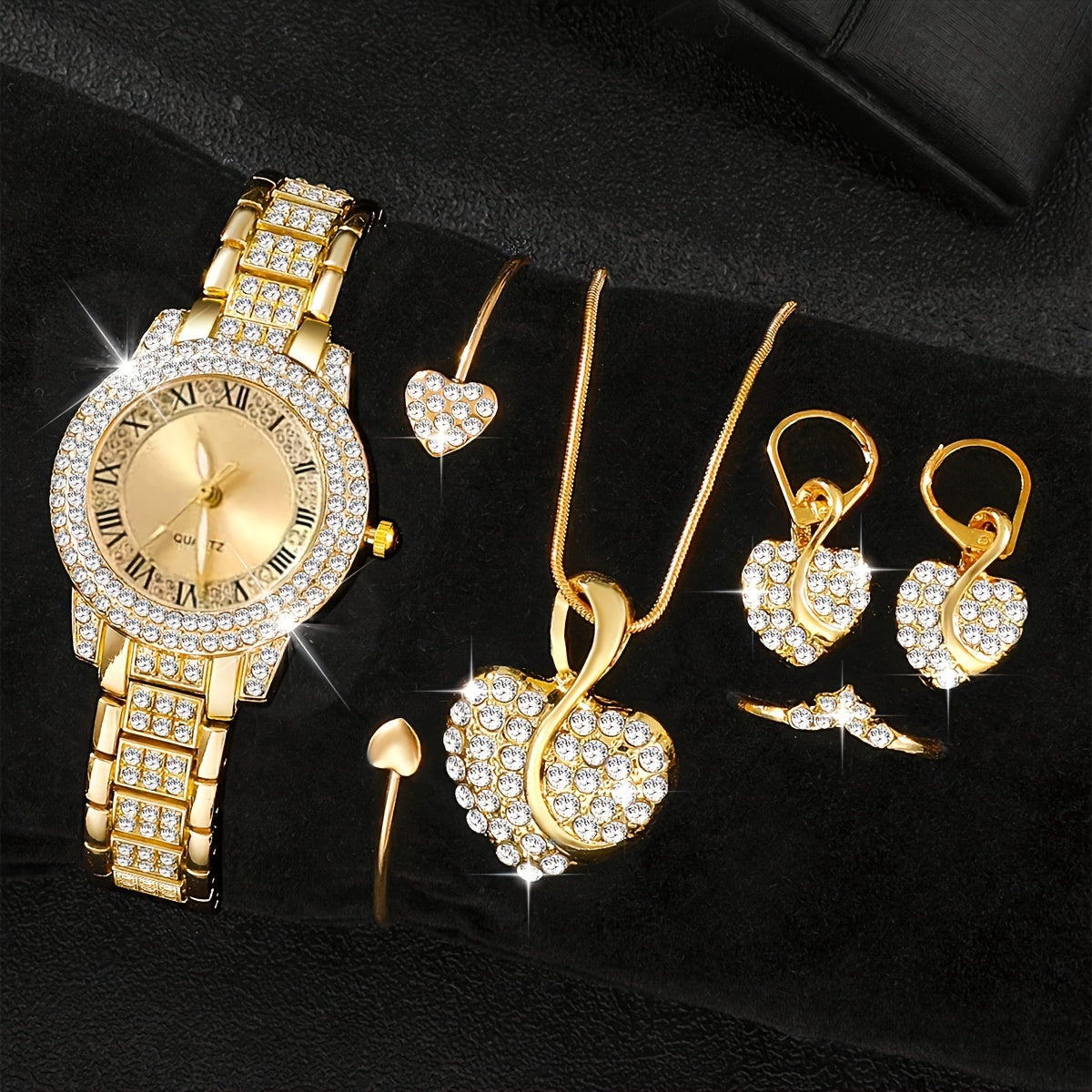 Set de reloj y joyería de 6 piezas con cristales de oro para mujer con movimiento de cuarzo