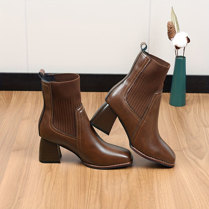 Women's Solid Color Minimalist Slip-On Boots with Chunky Heels
