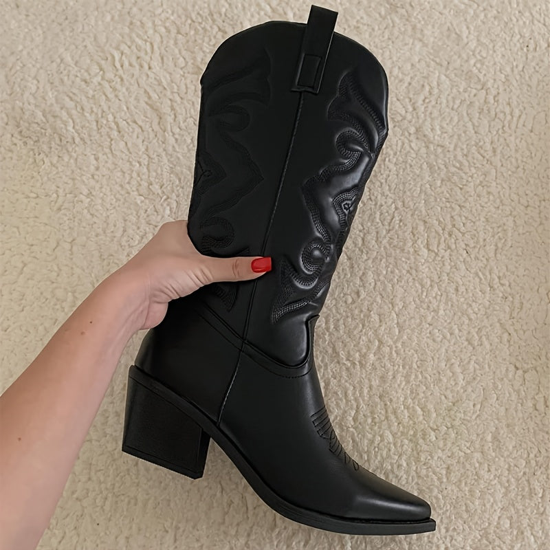 Women's Western Cowboy Boots Mid-Calf Embellished Black Synthetic Leather