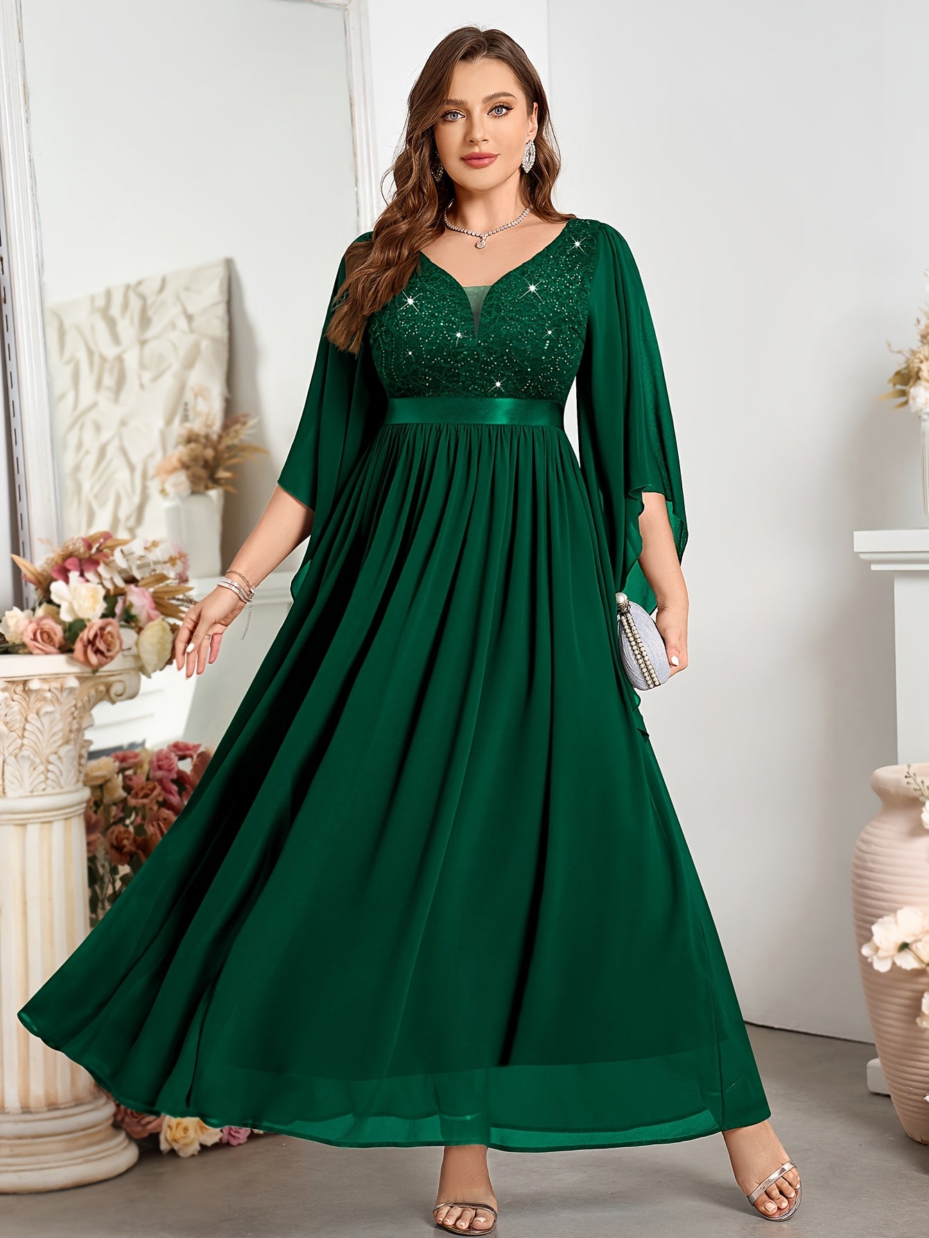 Plus Size Women's Chiffon Lace Dress Deep V-Neck Ruffle Sleeves Wedding