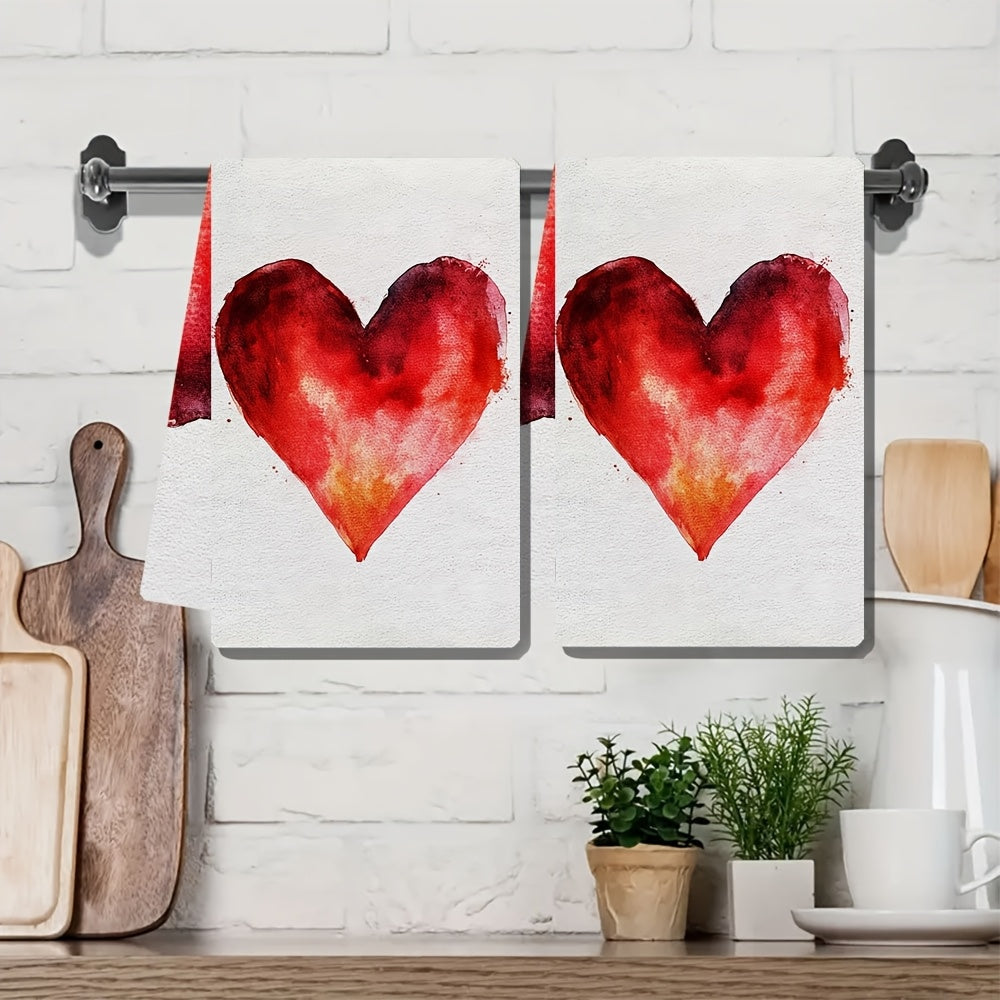 Set of 2 Soft Kitchen Towels with Heart Design, 16x24 Inches, Absorbent