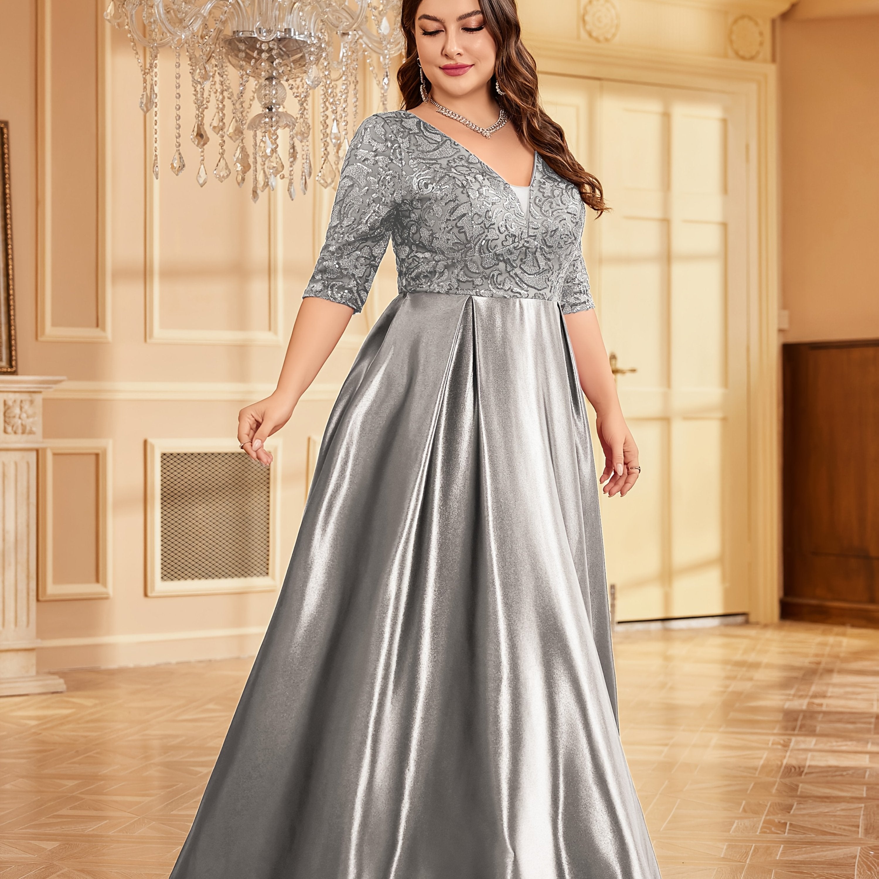 Women Long Dress Solid Color Mid-Sleeve Sequin Party Evening Gown
