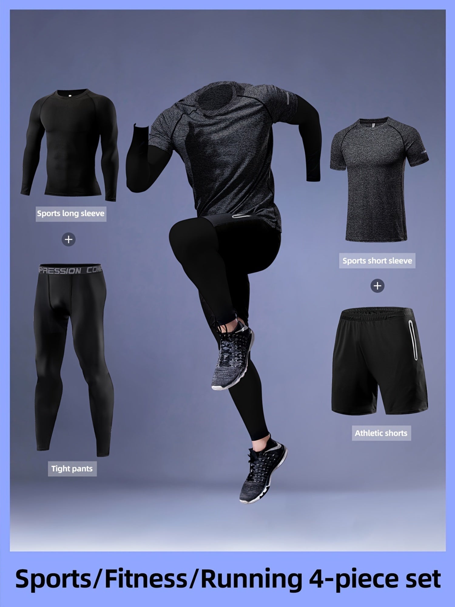 Men's 4-Piece Sports Set Long-Sleeve T-Shirt Pants Shorts for Autumn Basketball Fitness