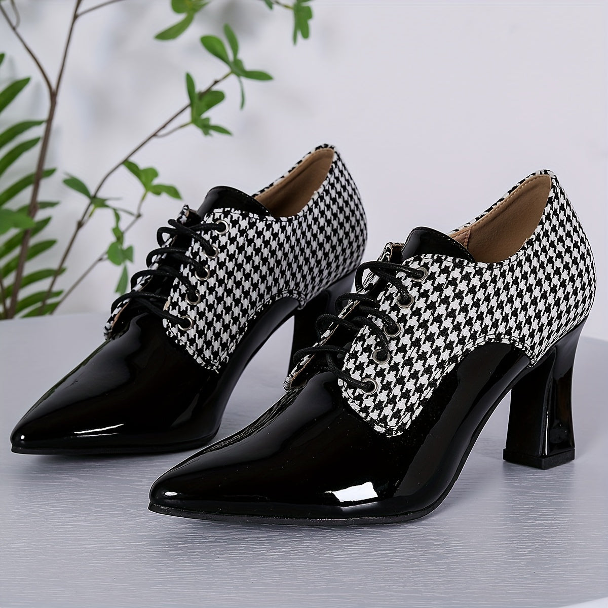 Women Houndstooth Fashion High Heels Casual Shoes Pointed Toe Comfortable