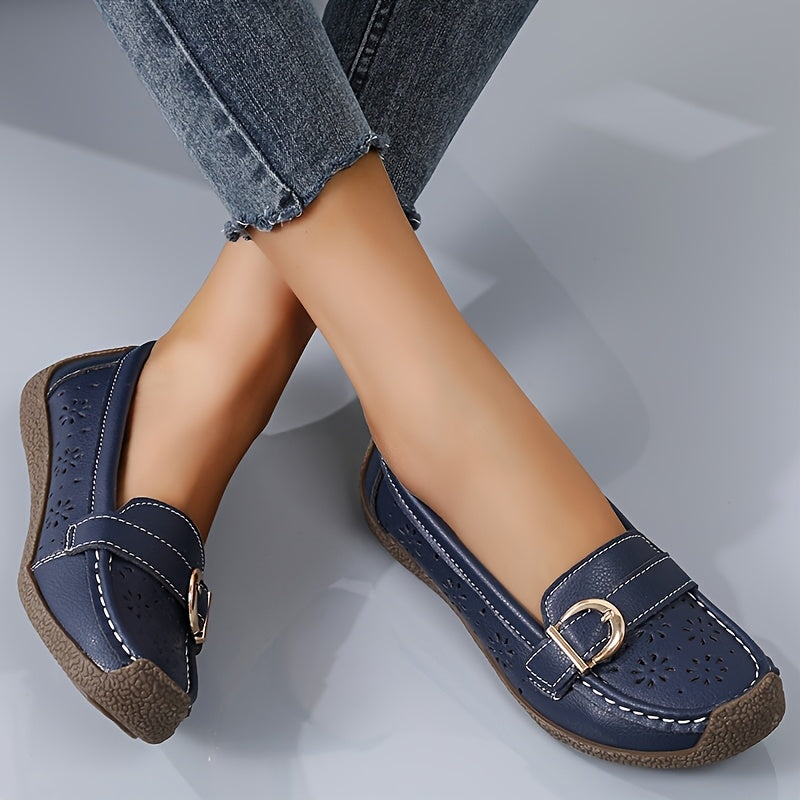 Women's White Slip-On Loafers with Ventilation Holes, Gold Buckle, Soft TPR Sole