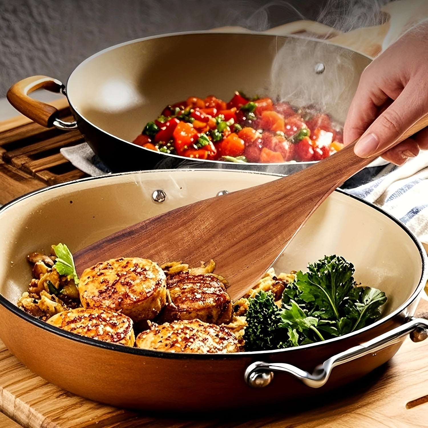Set of 6 Wooden Kitchen Utensils Non-Stick Heat-Resistant Spatulas Spoons