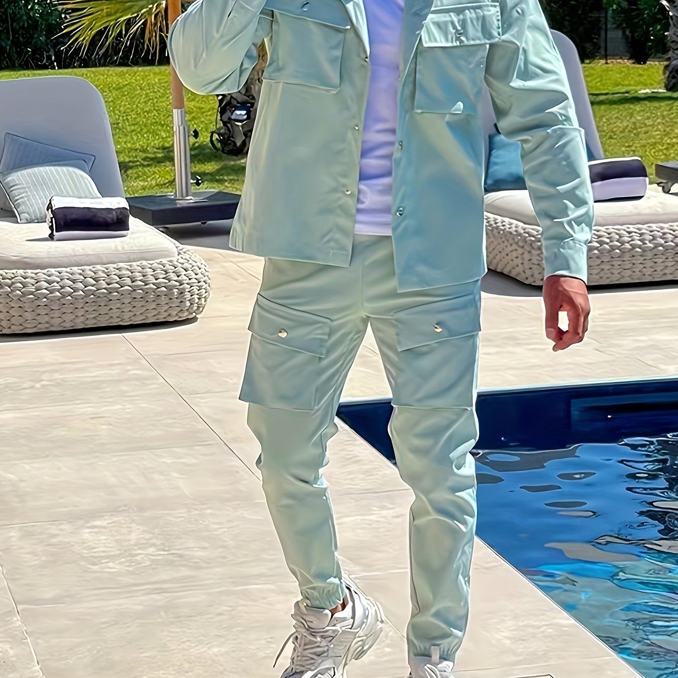 Men's Polyester Suit Set with Lapel Collar and Pocket Details for Casual, Hiking, and Outdoor Wear